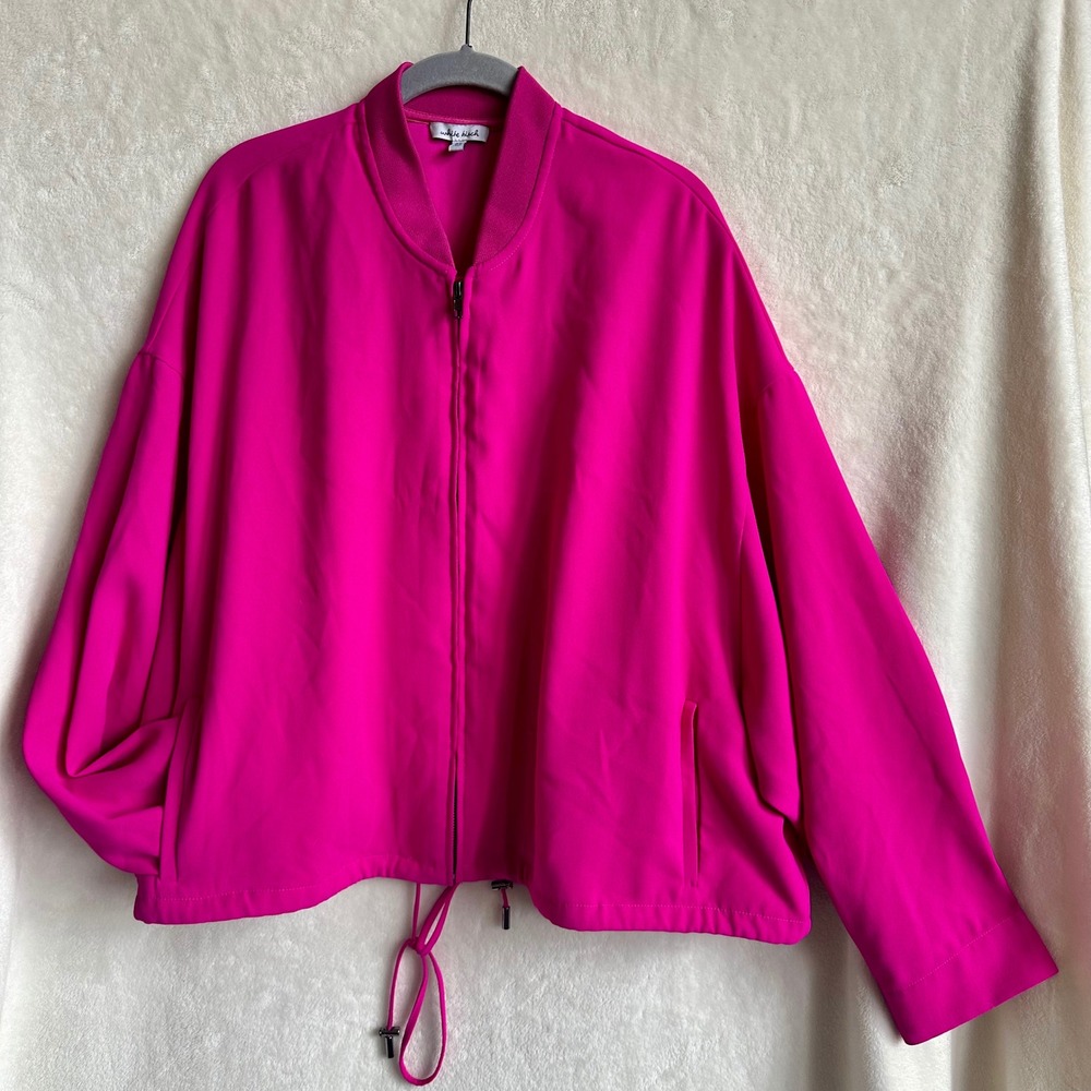White Birch Vibrant Hot Pink Zip Up Bomber Jacket Drawstring Hem 2X
